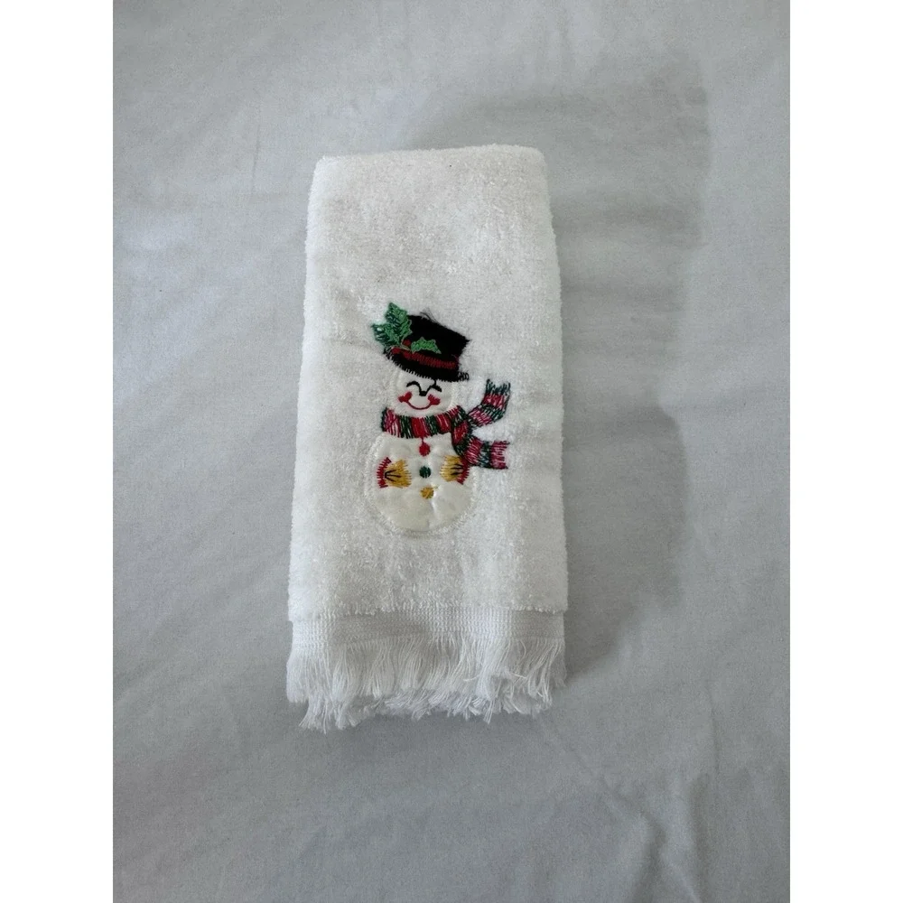Vintage Cannon Christmas Fingertip Hand Towel Snowman Embroidered White Made USA